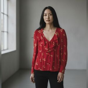 Anthropoligie Gemma Ginko Red Silk Ruffle Blouse Medium